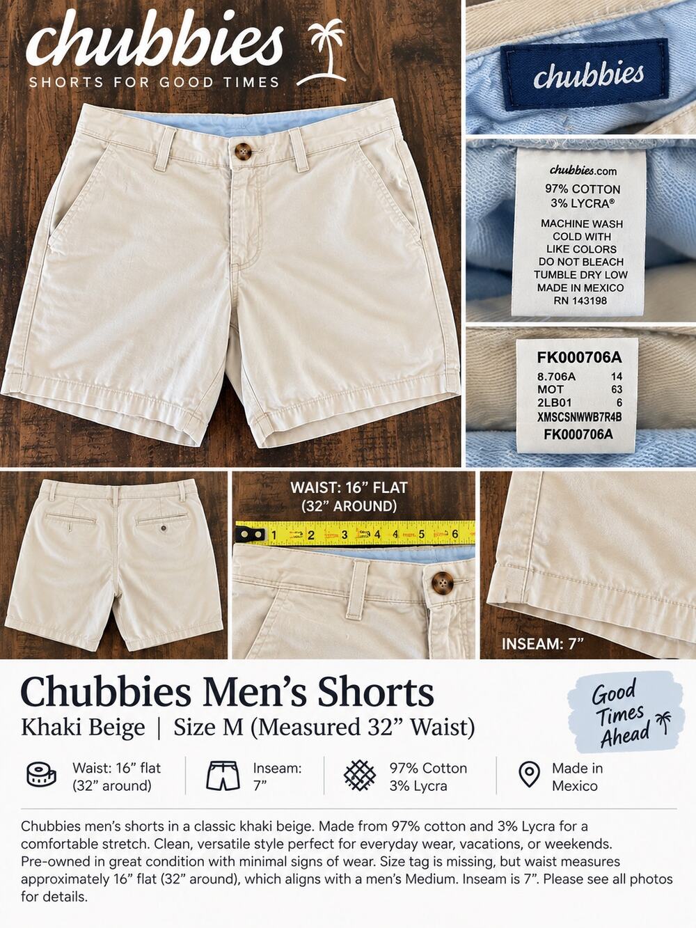 Chubbies Men’s Khaki Shorts 7” Inseam Stretch Cotton Size M 32” Waist